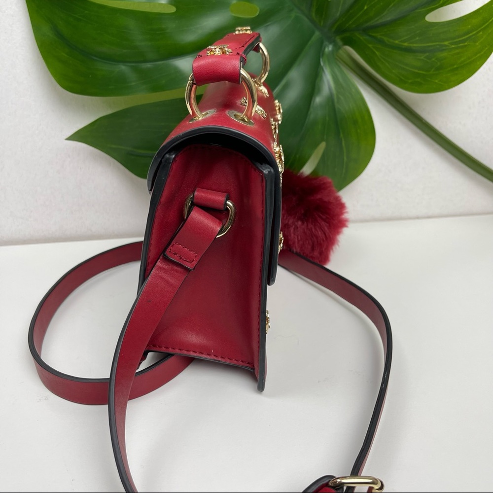 Zara Red Crossbody Bag with Gold Bee Studs and Pom Pom - Picture 8 of 12